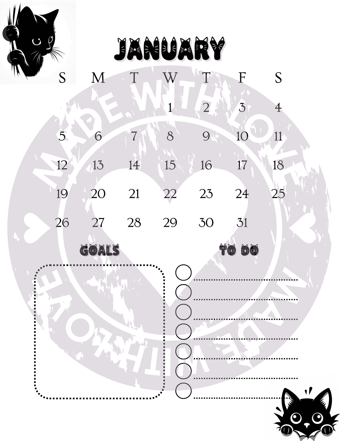 2025 Printable Calendar with cute black cats