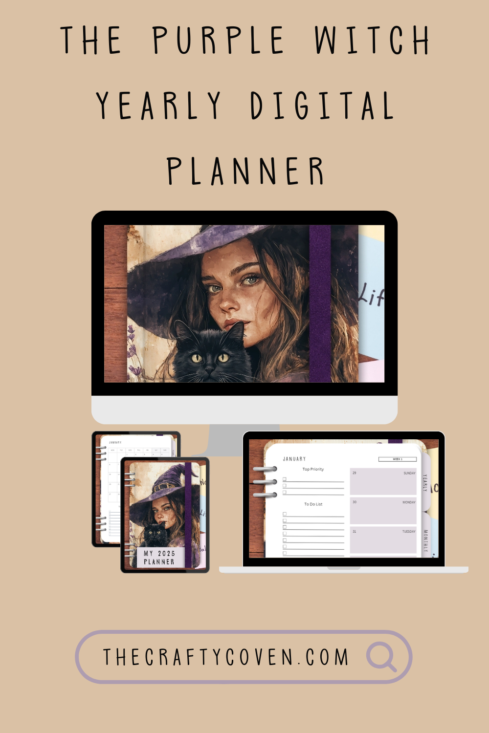 The Purple Witch Yearly Digital Planner with Hyperlinks